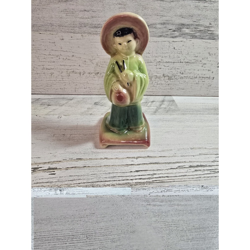 Vintage USA Pottery A602 Asian Boy Figurine Green Burgundy Glaze‎ Mid Century 5"